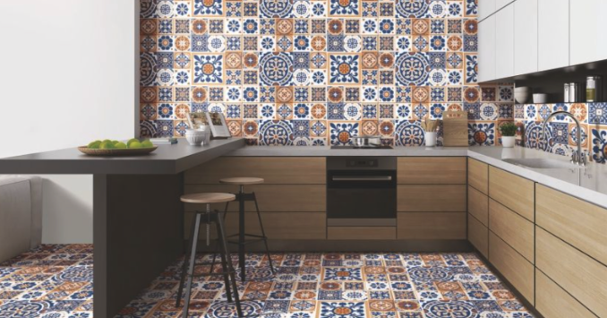 A kitchen with blue and orange tiled walls.